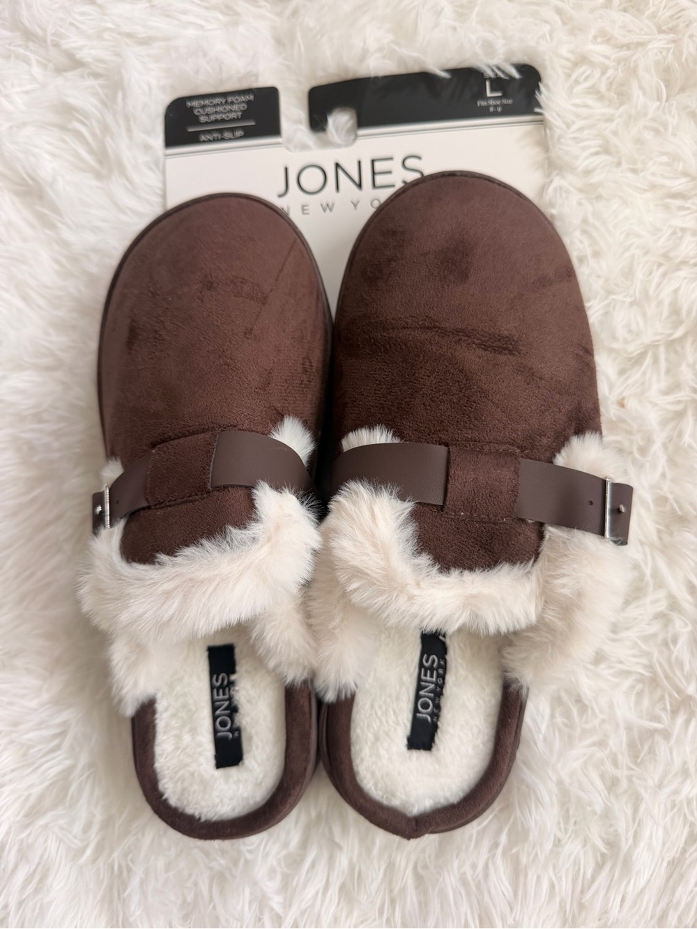 Jones New York Brown Suede-Look Slip-On Slippers with Cream Fur